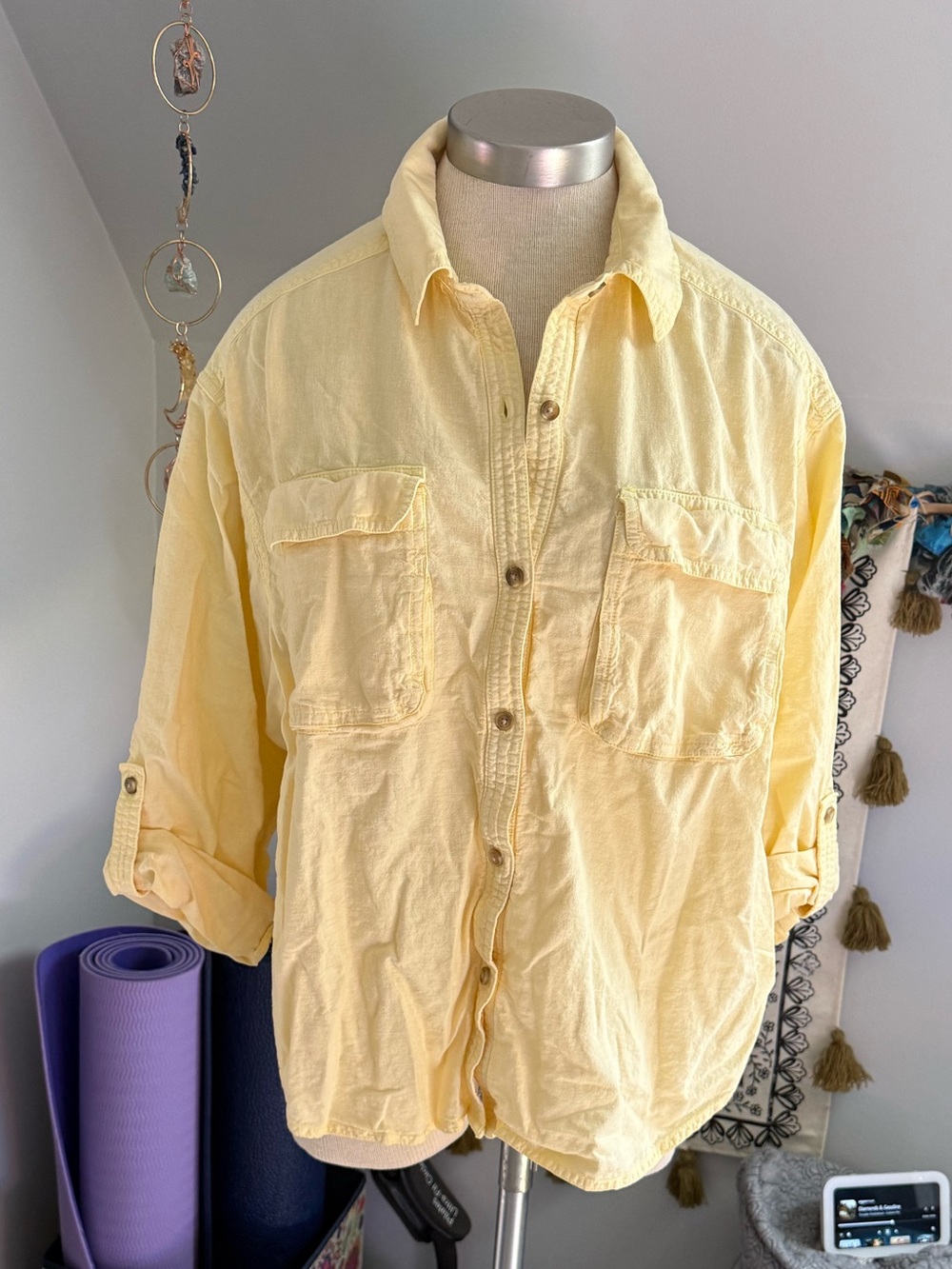 We The Free Lightweight Button-Front Shirt Jacket in Pale Yellow